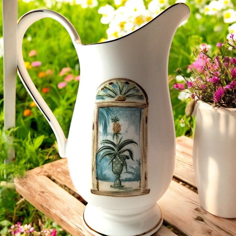 Lenox British Colonial Porcelain Pitcher Creamer Gold Trim Tropical Scene USA